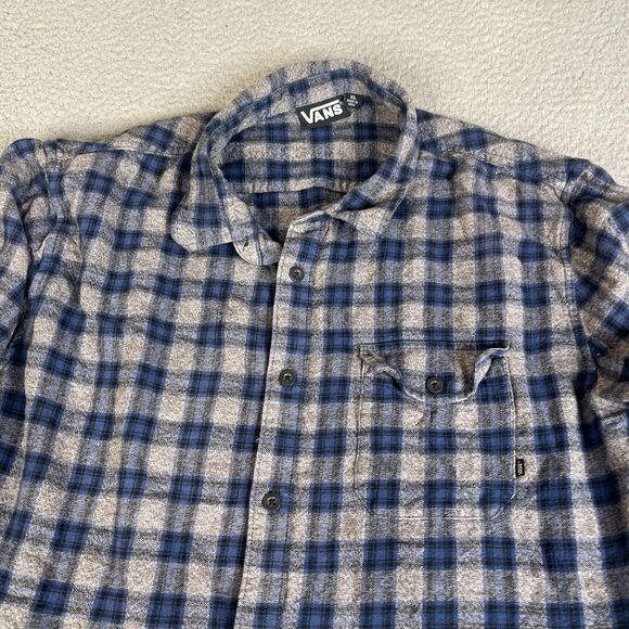 Vans Flannel Shirt Men XL Blue Gray Plaid Button Long Sleeve Pocket Surf Skate - Picture 2 of 12